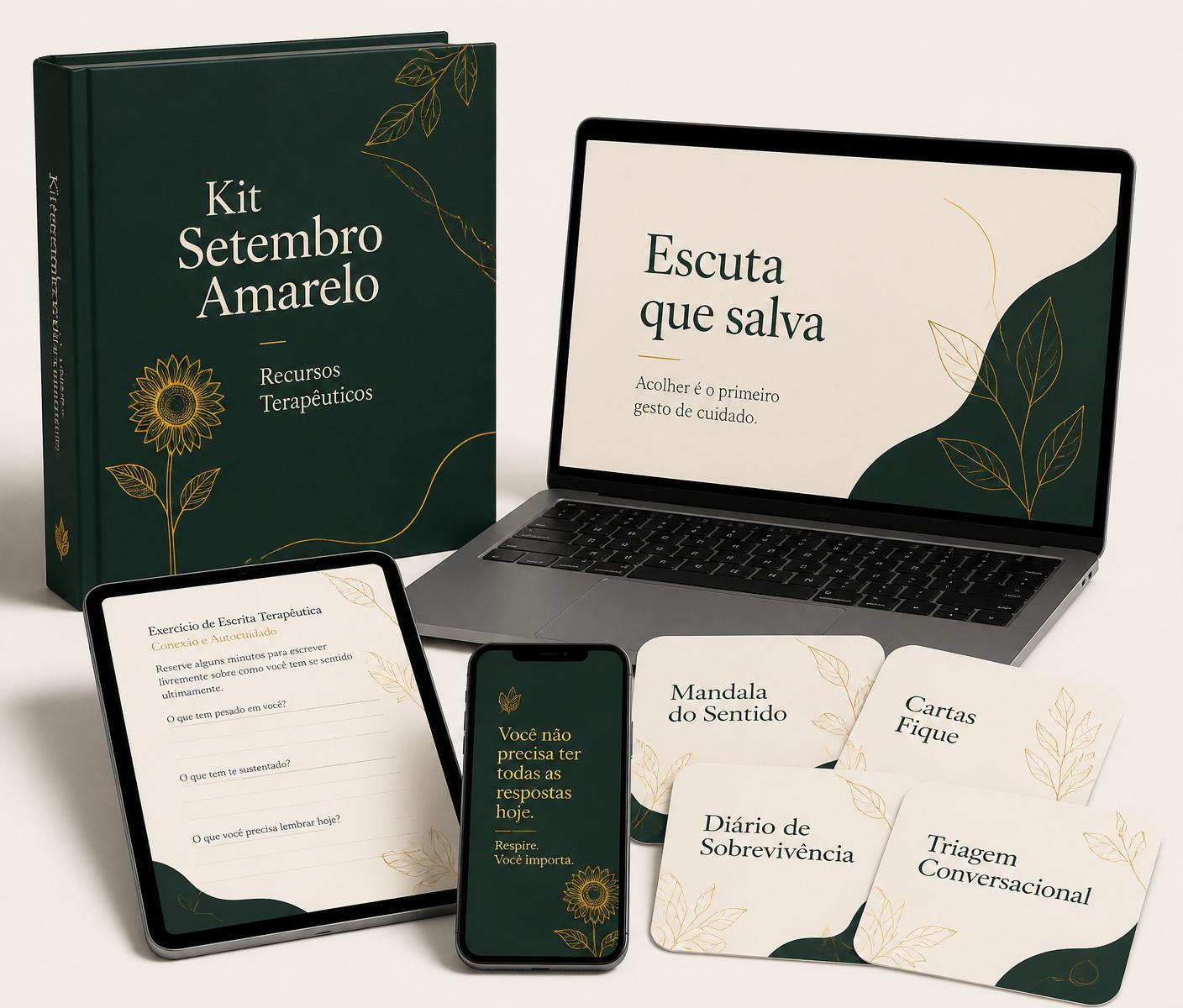 Mockup editorial do Kit Setembro Amarelo — livro, notebook, tablet, celular e cards terapêuticos